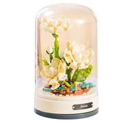 MEIEST Building Blocks Flowers Bouquet Set with Music Box and Dust-Proof Dome,Artificial Particle Flower Collection Construction Building Bricks Toy,Home Decor (White jasmine)
