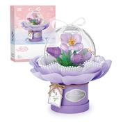 MEIEST Flower Bouquet Building Blocks Set,Simulation Artificial Flower with Dust-Proof Dome for Valentine's Day,Bonsai Plant Building Bricks Toys & Home Decor (Purple Tulip)
