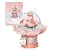 MEIEST Flower Bouquet Building Blocks Set,Simulation Artificial Flower with Dust-Proof Dome for Valentine's Day,Bonsai Plant Building Bricks Toys & Home Decor (Pink Rose)