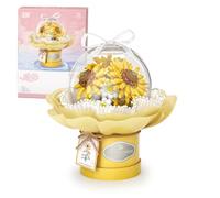 MEIEST Flower Bouquet Building Blocks Set,Simulation Artificial Flower with Dust-Proof Dome for Valentine's Day,Bonsai Plant Building Bricks Toys & Home Decor (Sunflower)