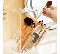 Meifannao Makeup Brush Holder, Clear Make Up Brush Holder Organizer with 17 Slots, Tilt Open Large Makeup Brush Holde with Lid, Acrylic Makeup Organizer for Vanity Decor Office Home