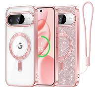 Meifigno Candy Series Case Designed for Google Pixel 10 Pro/10 6.3", [Glitter Card & Wrist Strap] [Compatible with MagSafe] Transparent Back and Electroplated Edges for Pixel 10 Pro/10 Case, Rose Gold