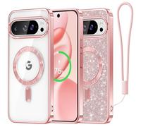 Meifigno Candy Series Case Designed for Google Pixel 10 Pro XL 6.8", [Glitter Card & Wrist Strap] [Compatible with MagSafe] Transparent Back and Electroplated Edges for Pixel 10 Pro XL Case, Rose Gold
