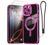 Meifigno for iPhone 16 Pro Max Case, [Wrist Strap & 2X Screen Protectors][Surround Raised Camera Protection][Compatible with MagSafe] Women Cute Luxury Plating Case for 16 Pro Max, Black & Hot Pink