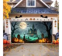Meiguiman 7x16ft Halloween Garage Door Cover Banner Green Mist Ghost Haunted Castle Graveyard Pumpkin Extra Long Garage Door Banner Fit Dual 2 Car Garage Door Outdoor Halloween Yard Deco