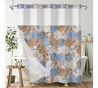 Meiguiman No Hook Shower Curtain and Liner Set Modern Geometric Shapes Shower Curtain with Plants Vintage Rustic Wooden Bathroom Hotel Decor with Removable Snap Washable Fabric 71x74 Inch