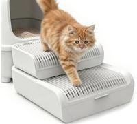 MEIHAOME Cat Litter Box Step, 15.2"×12.3" Extra-Wide Anti-Tracking Non-Slip Litter Box Ramp, Supports 50lbs, Adjustable 1 or 2 Tiers for Senior & Large Cats, Deep Groove Catcher