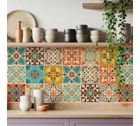 MEIHEA 16 Pack, 5.9 Inch Terracotta and Teal Tile Stickers, Bohemian Patchwork Peel and Stick Vinyl for Backsplash, Stairs & Furniture