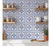 MEIHEA 16 Pack, 5.9 Inch Vintage Tile Stickers, Ornate Blue and White Peel and Stick Vinyl for Backsplash, Stairs, and Furniture (Blue)