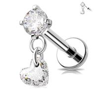 MeIighting 16G Dangle Threadless Earring Titanium G23 Tragus Stud Clear CZ Flat Back Heart Star Square Helix Piercing Jewelry Round Cartilage Jewellery for Women 6/8 mm, 16G6mm, Titanium, cubic