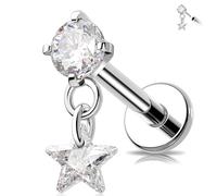 MeIighting 16G Dangle Threadless Earring Titanium G23 Tragus Stud Clear CZ Flat Back Heart Star Square Helix Piercing Jewelry Round Cartilage Jewellery for Women 6/8 mm, 16G6mm, Titanium, cubic