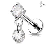 MeIighting 16G Dangle Threadless Earring Titanium G23 Tragus Stud Clear CZ Flat Back Heart Star Square Helix Piercing Jewelry Round Cartilage Jewellery for Women 6/8 mm, 16G8mm, Titanium, cubic