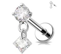 MeIighting 16G Dangle Threadless Earring Titanium G23 Tragus Stud Clear CZ Flat Back Heart Star Square Helix Piercing Jewelry Round Cartilage Jewellery for Women 6/8 mm, 16G6mm, Titanium, cubic