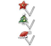 MeIighting 3PCS Christmas Nose Studs 20G Star Nose Rings 316L Stainless Steel Nose Piercing L-Shaped Christmas Tree Hat Nose Piercing Women 7mm, 20G7mm, Stainless Steel, cubic zirconia