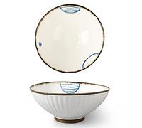 Meiiron Ceramic Ramen Bowl, 8"/37 oz Japanese Ramen Noodle Soup Bowl with Matching Spoon and Chopsticks for Udon Soba Pho Asian Noodles, Large, White and Blue (Color : C)