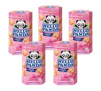 Meiji Hello Panda Strawberry 50g x 5 - Fun Filled Strawberry Cream Biscuits Snack Pack, Japanese Biscuits, Sweet Treats for Kids & Adults