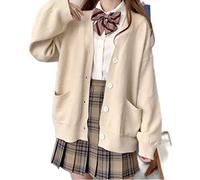 MEIJIU Japanese-style school basic sweater women's autumn kawaii solid color V-neck loose knitted cardigan college style JK uniform role-playing-APRICOT,S