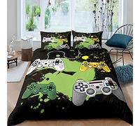 Meiju 2/3 Piece Bedding Duvet Cover Set for Single Double King Size, 3D Gamepad Print Bedding Set Soft Microfibre Duvet Sets With Zipper Quilt Cover + Pillowcases (Green graffiti,180x210cm)
