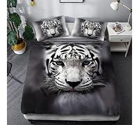 Meiju 3D Bedding Set for Single Double Super King Duvet Cover Set 3 Piece, Lion Tiger Printed Microfibre Bed Set with Quilt Cover with Zipper & Pillowcases 50x75cm (Grey tiger,135x200cm)