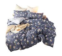 Meiju Bedding Set 3 Pieces, Simple Flower Quilt Duvet Covers and 2 Pillowcases Single Double Super King Size Bed Microfiber Polyester Breathable Zipper Easy Care (Dark Blue Daisy,135x200cm)