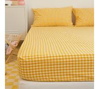 Meiju Fitted Sheets with All-Round Elastic Extra Deep Pocket, Gingham Plaid Minimalist Bedding Soft Comfort Fade Resistant Bed Sheets for Single Double King Size Bed (Yellow,150x200+20cm)