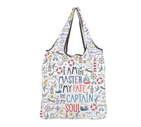 MEIKIUP Nautical Reusable Grocery Bag with Inspirational Quote I Am the Master of My Fate the Captain of My Soul Sailors gifts (Nautical F-Bag-UK)