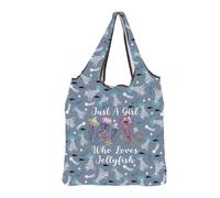 MEIKIUP Ocean Themed Reusable Bags Just a Girl Who Loves Jellyfish Foldable Shopping Bag Marine Animal Gift for Jellyfish Lover (Jellyfish F-Bag-UK)