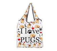 MEIKIUP Pug Reusable Grocery Shopping Bag I Love Pugs Gift for Pug Lover Dog Paw Print Foldable Tote Bag Pug Owners Essentials (I Love Pugs F-Bag-UK)