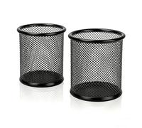 MeiLang Metal Mesh Pen Pot 2 Pack, Round Desk Organiser Black | Durable, Rust-Resistant, Non-Slip Base, Space-Saving, Versatile Storage for Office Home School