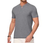 Meilicloth Men T Shirts Muscle T Shirt Slim V-Neck Longline Tops Button up Henley Shirt Gym Workout Athletic Tee Shirts A Grey