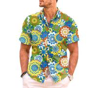 Meilicloth Mens Hawaiian Shirts Casual Short Sleeved Funky Flower Summer Beach Holiday Shirt Button up Top Green