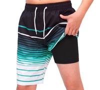 MEILONGER Boys Swim Trunks Boys Swimming Shorts with Compression Liner Quick Dry Stretchy 2 in 1 Board Shorts Size 8,10-12,14-16,18-20 Years(Striped Black Blue White,10-12)
