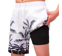 MEILONGER Boys Swim Trunks Boys Swimming Shorts with Compression Liner Quick Dry Stretchy 2 in 1 Board Shorts Size 8,10-12,14-16,18-20 Years(White Black(Tree),14-16)