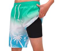 MEILONGER Boys Swimming Shorts with Compression Liner Quick Swim Trunks for Teen & Kids Dry Stretchy 2 in 1 Board Shorts Size 8,10-12,14-16,18-20 Years(Green White Blue(Coco),14-16)