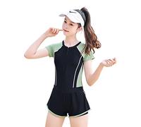 MEILONGER Girls Swimsuits, Kids One-Piece Short Sleeve Swimwear Rashguard Bathing Suits Quick Dry Dress Swim Shirts Size 8,10-12,14-16(Black Green,14-16)