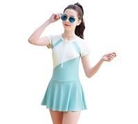 MEILONGER Girls Swimsuits, Kids One-Piece Short Sleeve Swimwear Rashguard Bathing Suits Quick Dry Dress Swim Shirts Size 8,10-12,14-16(11256Light Green,10-12)