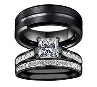 Meilord Couple Rings Set 2in1 Black Bridal Ring Matte Black Groove Ring His and Hers Wedding Ring Sets for Lover Anniversary Engagement Promise Rings Bridal Sets, 5, Metal