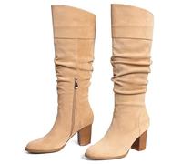 MeiLuSi Women's Slouchy Knee High Boots Suede Fall Boots Round Toe Chunky Heel Boots Warm Winter Boots Wide Calf Boots Outdoor Side Zipper, Suede Apcicot, 4.5 UK