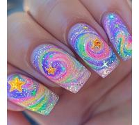 MEILVMEIJI 24 Pcs Long False Nails Star Artificial Nails Gradients Full Covers Stick On Nails Glittering for Woman