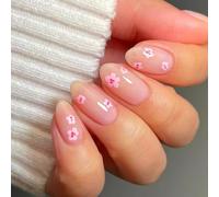 MEILVMEIJI 24 Pcs Sweet Flowers False Nails Simple Artificial Nails Glossy Full Covers Stick on Nails Short Oval