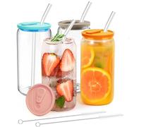 MEIMUCUL Glass Cups with Bamboo Lids and Straws,16oz Iced Coffee Cup,4 Pack Can Shaped Drinking Glasses,Reusable Smoothie Cup,Clear Glass Tumbler for Smoothie,Beer, Cocktail, Coffee, Juice