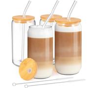 MEIMUCUL Glass Cups with Lids and Straw,4 Pack Can Shaped Drinking Glasses,16oz Iced Coffee Cup,Clear Glass Tumbler for Smoothie,Beer, Cocktail, Milk, Ice Water, Juice