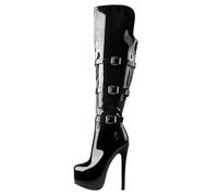 Meinabsatz Women's Platform Boots High Heels Long Shaft Overknee Boots Stilettos with Buckles, Black lacquer, 8 UK