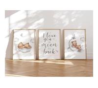 MeinBaby123® Children's Room Pictures, Set of 3 DIN A4 Poster Set, Wall Pictures with Saying, Rainbow, Baby Room Decoration, Wall Poster Premium (Bear and Moon)