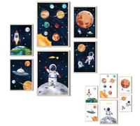 MeinBaby123® Children's Room Poster Astronaut Double-Sided Set of 6 Poster Set 2 x DIN A4 & 4 x DIN A5 Space Rockets Planets Children's Room Decoration Boys Wall Poster Premium (Astronaut V5)