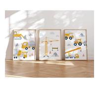 MeinBaby123® Pictures Construction Vehicles | Set of 3 DIN A4 | Excavator, Crane, Construction Machine, Dump Truck | Poster for Children's Room | Decorative Pictures Nursery Boy | Baby Room Decoration