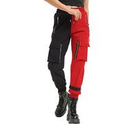 MEINVQIAOTI Black Cargo Pants Women Loose Chained Multi-Pocket Multi-Zip Punk Goth Pants, Black&red, M