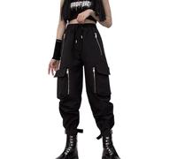 MEINVQIAOTI Black Cargo Pants Women Loose Chained Pants Multi-Pocket Multi-Zip Punk Goth Pants