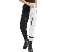 MEINVQIAOTI Black Cargo Pants Women Loose Chained Pants Multi-Pocket Multi-Zip Punk Goth Pants, Black&white, S