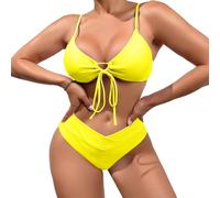 meioro Bikini Set for Women Front Tie Triangle Bathing Suits, Solid V Neck Two Piece Swimsuits High Waisted V Cut Bottom, Adjustable Spaghetti Straps Swimwear Sexy High Cut Swimming Costume (Yellow,L)